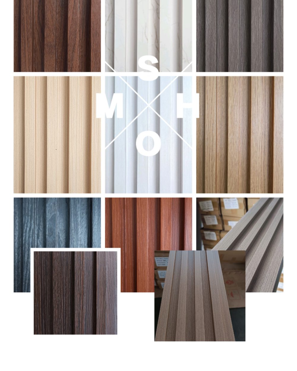 Ragam motif dan warna WPC wall panel: kayu walnut, oak, abu, putih, biru, dan merah maroon