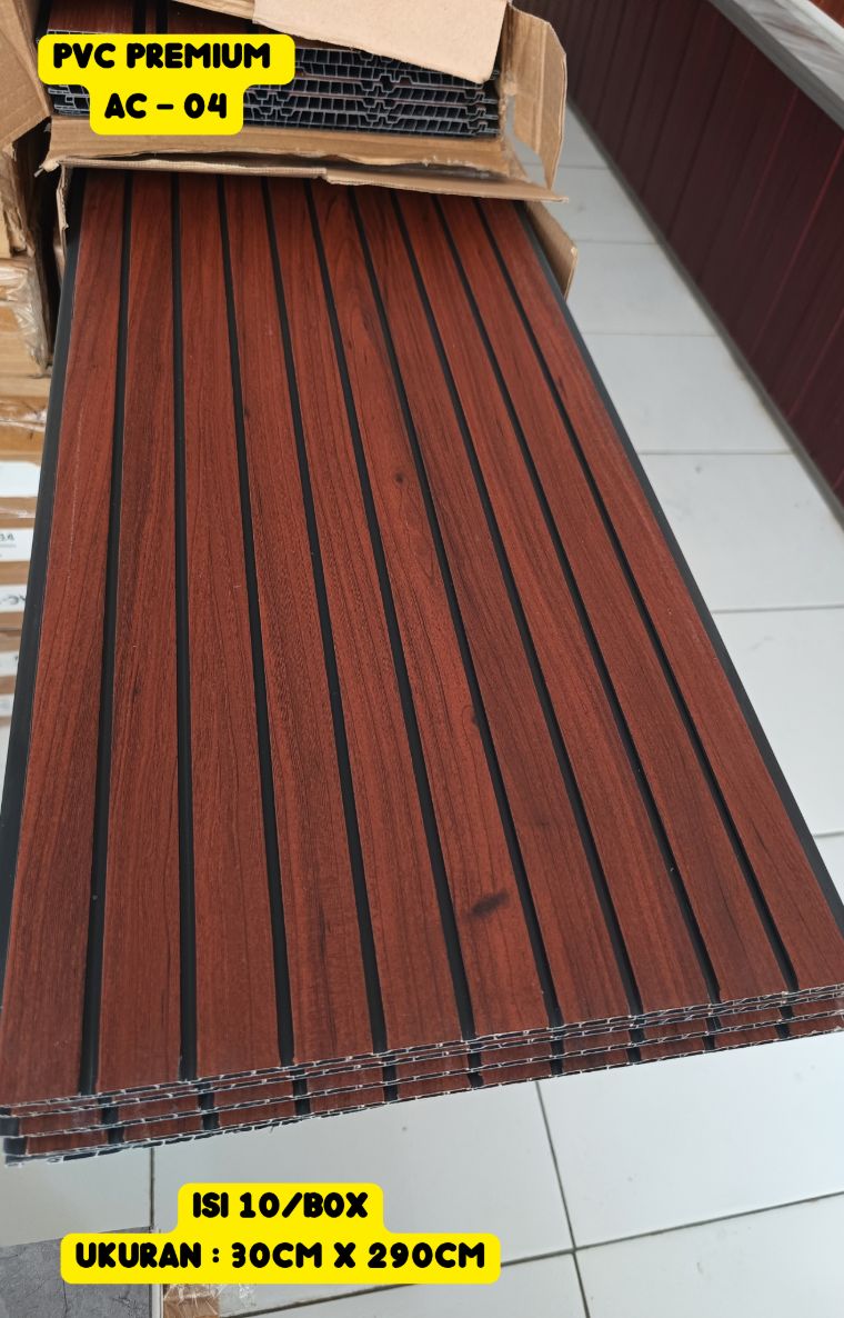 PVC Premium 30 x 290 cm kode AC-04, motif kayu merah bata bergaris rapat