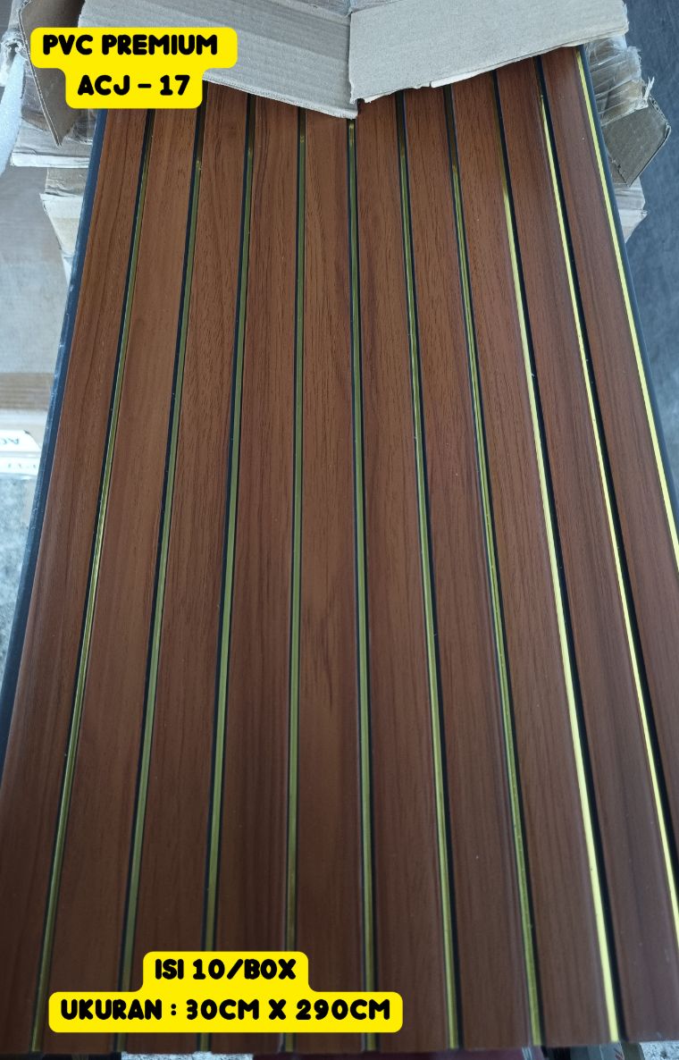 PVC Premium 30 x 290 cm kode ACJ-17, motif kayu coklat dengan garis emas