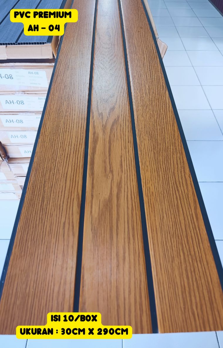 PVC Premium 30 x 290 cm kode AH-04, motif kayu oak dengan nat hitam