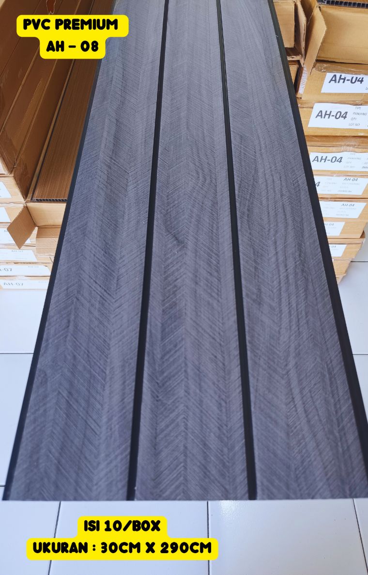 PVC Premium 30 x 290 cm kode AH-08, motif kayu abu gelap bertekstur